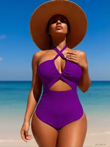 2026 Solid Purple One Piece Swimsuit. Strapless crisscross cutout bathing suit, sexy ruched tummy control swimwear. Flattering, elegant beachwear for women—curvy-friendly, size-inclusive summer vacation pool party essential, stylish