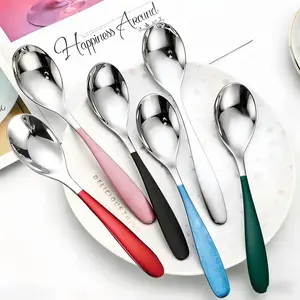 6-Piece Set Stainless Steel Soup Spoons, Heavy-Duty Long Handle Colorful Handles, Non-Slip Kitchen Utensils Cutlery Tableware for Soups Cereal Milk Tea Coffee Travel Home Use Teaspoons