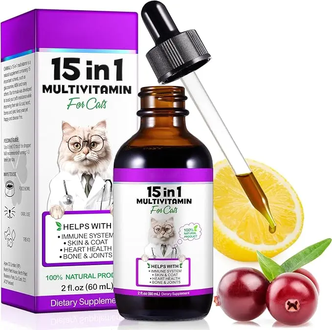 15-in-1 Cat Multivitamin Drops, 60ml Supplements for Heart Health, Bones, Joints, Skin & Coat, Bladder, Immune System Support