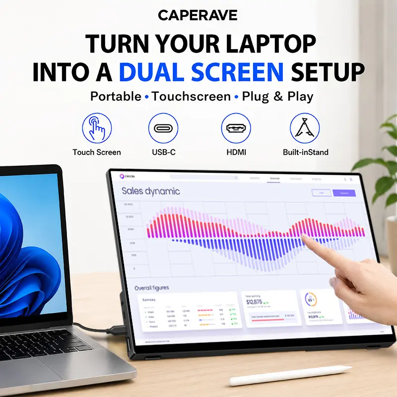 CAPERAVE 15.6" Portable Touch Monitor – FHD 1080P IPS Screen, USB-C & HDMI, Plug & Play Dual Display for Laptop/MacBook/PC/PS5/Switch, Perfect for Travel, Work & Gaming, Built-in Speakers