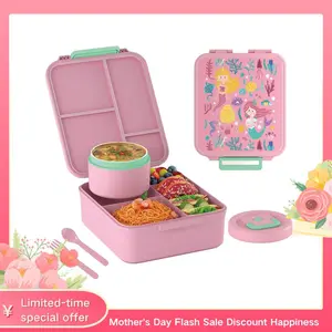 Bento Lunch Box for Kids with 8.5oz Soup Thermo, Kids Leakproof Lunch Food Containers with 4 Compartment, Blue Nylon Insulated Lunch Bag Adjustable Strap for Teens School Travel Picnic