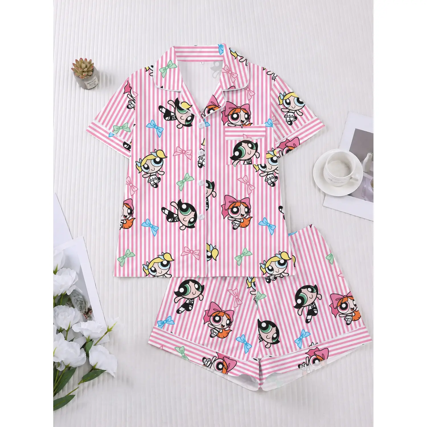 Women's Cartoon Print Pajama Set, Short Sleeve Button-Up Top & Elastic Waist Shorts, Comfy All-Season Loungewear