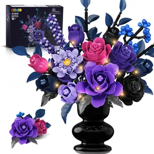 Flowers Bouquet Building Set with LED Light - 17 Artificial Flowers Toy, 887PCS Purple Roses Botanical Collection Building Block, Gothic Home Decor Christmas Valentine Gifts for Adults Women