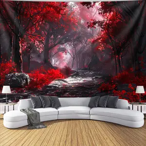 Forest Red Tapestry Dreamy Landscape Backdrop Nature Aesthetic Wall Hanging Photography Background for Living Room Bedroom Indoor Outdoor Home Decor Polyester