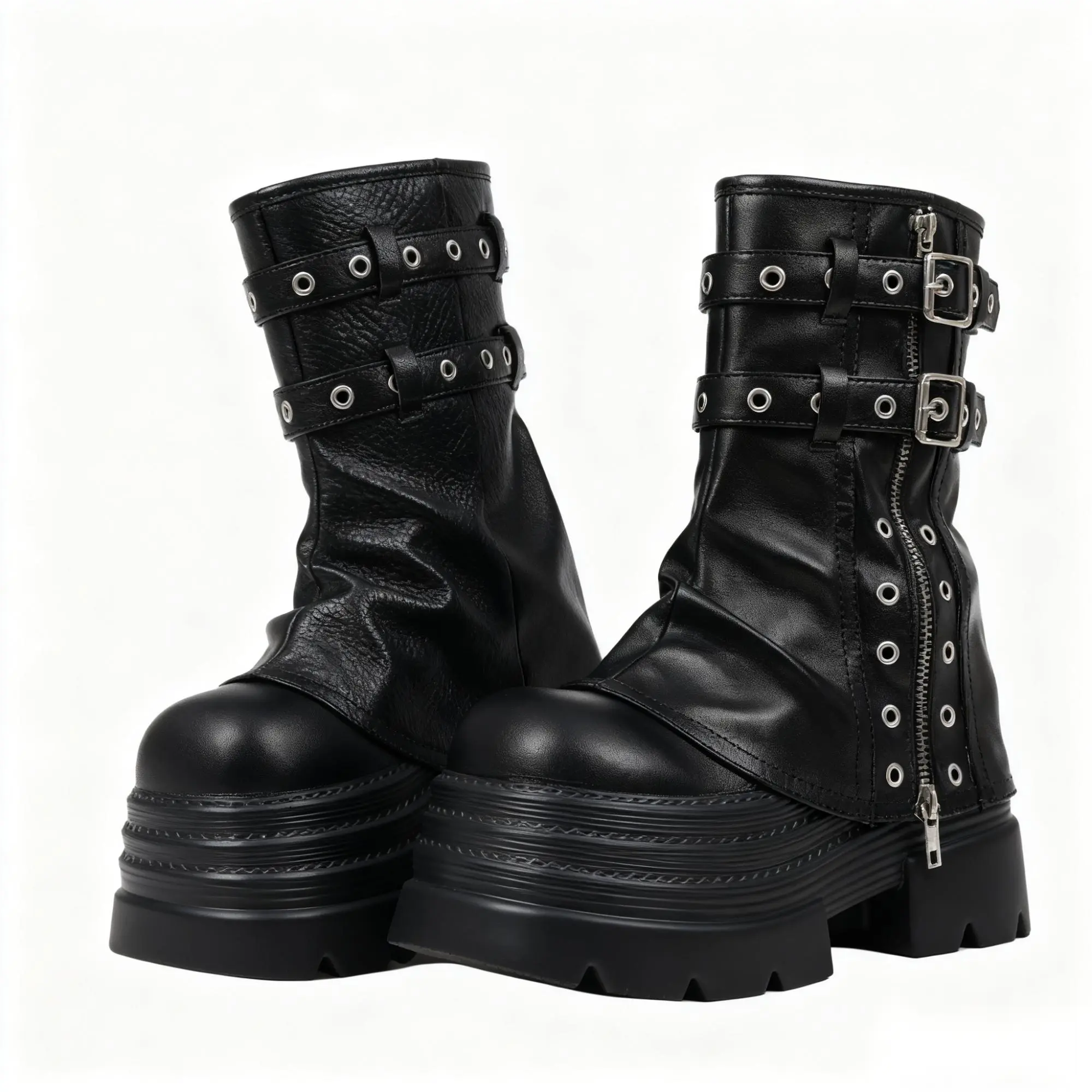 Casual Gothic Ankle Fold Over Boots Women Y2k Chunky Low Heel Fall Slouchy Platform Boots Motorcycle Buckle Zipper Design Fashion Buckle Black Boots Alt girls Concert Outfit Full Season Walking Shoes Footwear
