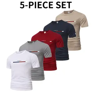 5PCS Men’s Quick-Dry Moisture-Wicking Sports Shirts – Crew-neck T-shirts made from waterproof polyester fabric with printed designs, non-see-through athletic and casual tops, multicolor set suitable for fitness, training, and casual wear – Durable and com