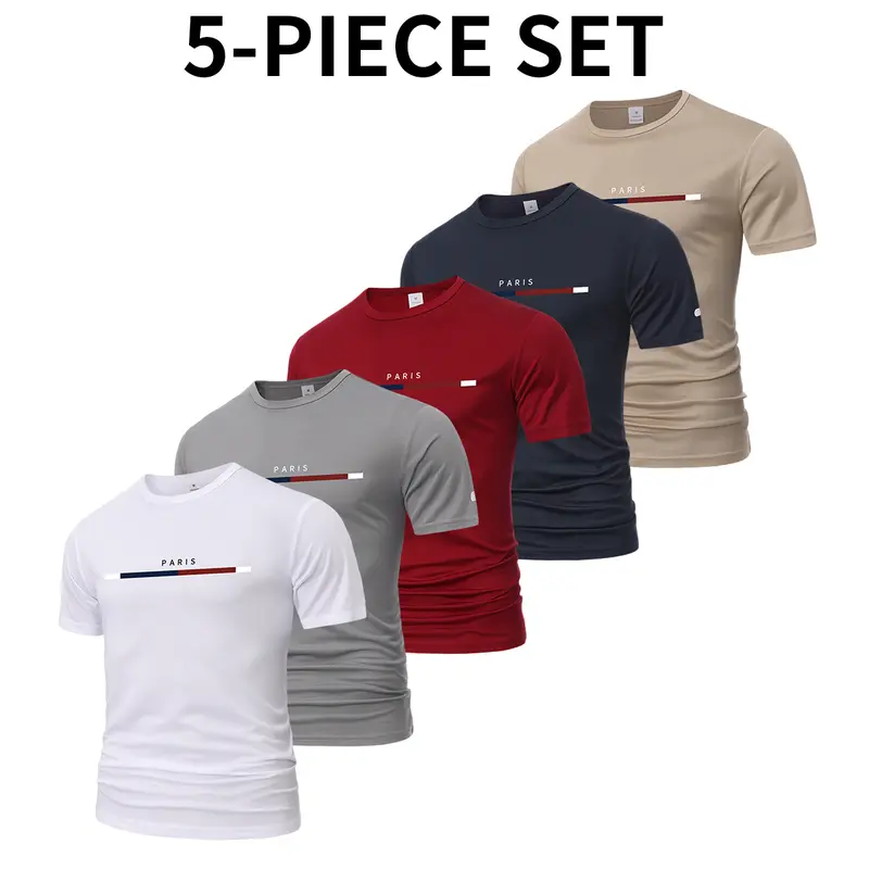 Men’s 5PCS Crew Neck Quick Dry Short Sleeve Tees Breathable Cool Activewear Shirts, Waterproof Polyester, Moisture Wicking, Non See Through Plain Print, Durable, for Athletic & Casual Wear, Multicolor Set, Speed Dry Sporty Men's T Shirts