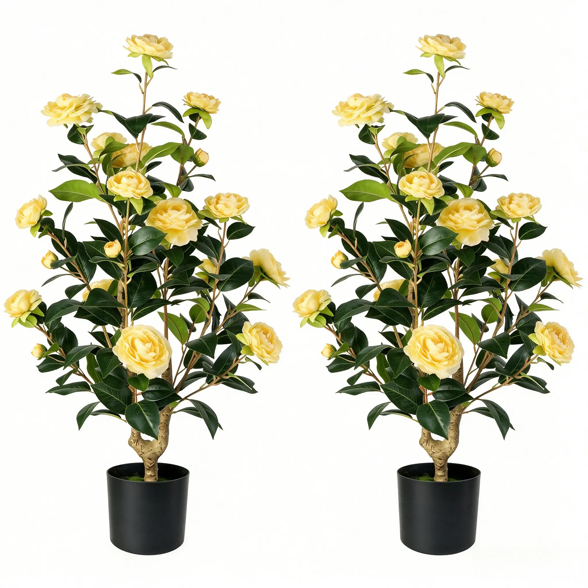 36“ Artificial Camellia Tree 2-Pack, Yellow Realistic Faux Camellia Flower Shrubs with Black Planter, UV & Weather Resistant Non-Fading Fake Flower Plants, Indoor Outdoor Decor for Patio Garden Bedroom Wedding, Ideal Housewarming Gift