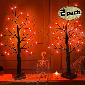 2-Piece Set, Halloween Tree Lights, 24-inch, Orange and Purple Glow, 24 LEDs, USB + Battery Powered, Halloween Decor, Suitable for Indoor Home Haunted Rooms, Fireplaces, Entryways, TV Console Decor