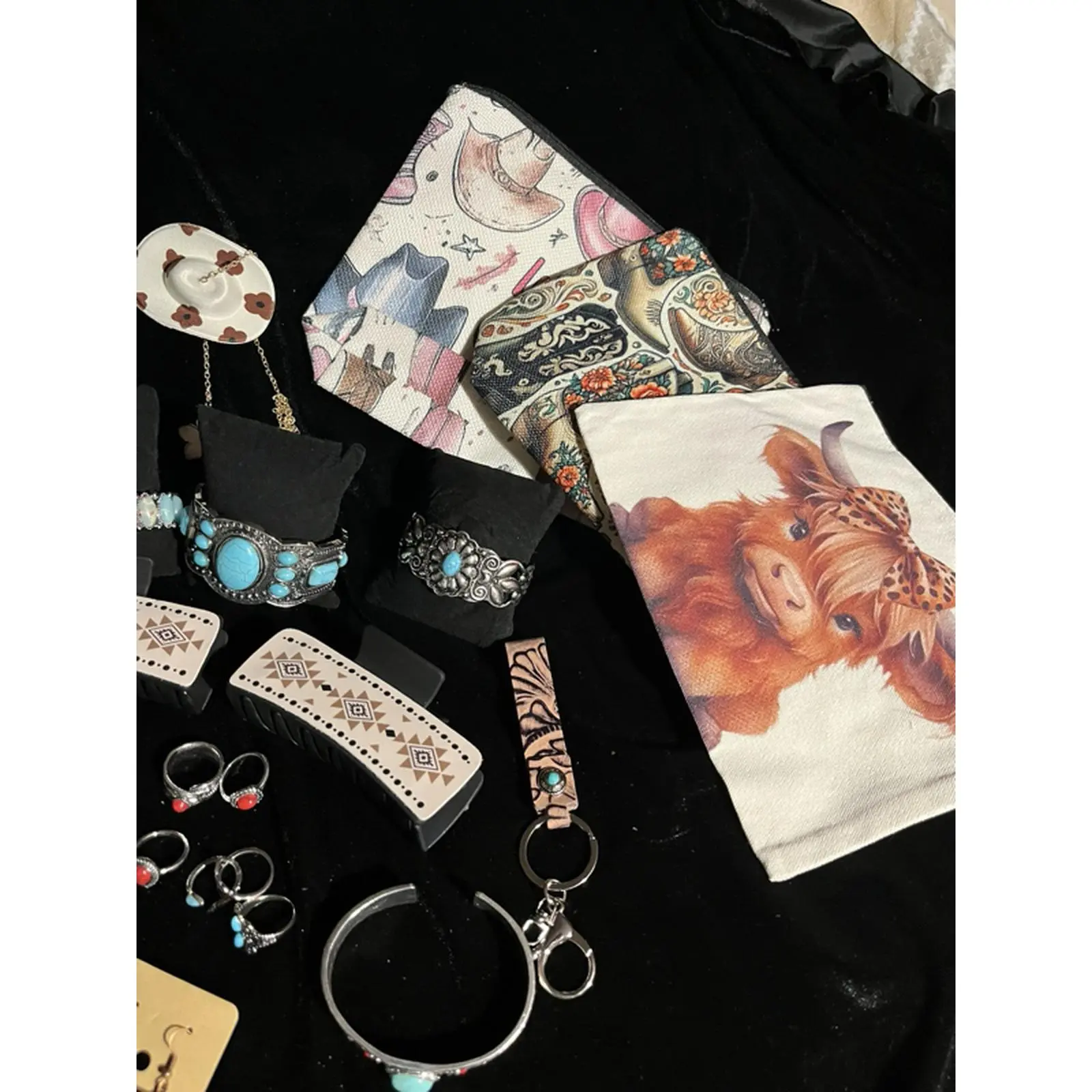 Western Themed Fun Farm Bundle with 9 Items including Bracelet Earrings Rings Leather Hair Clip Cowgirl Hat and More