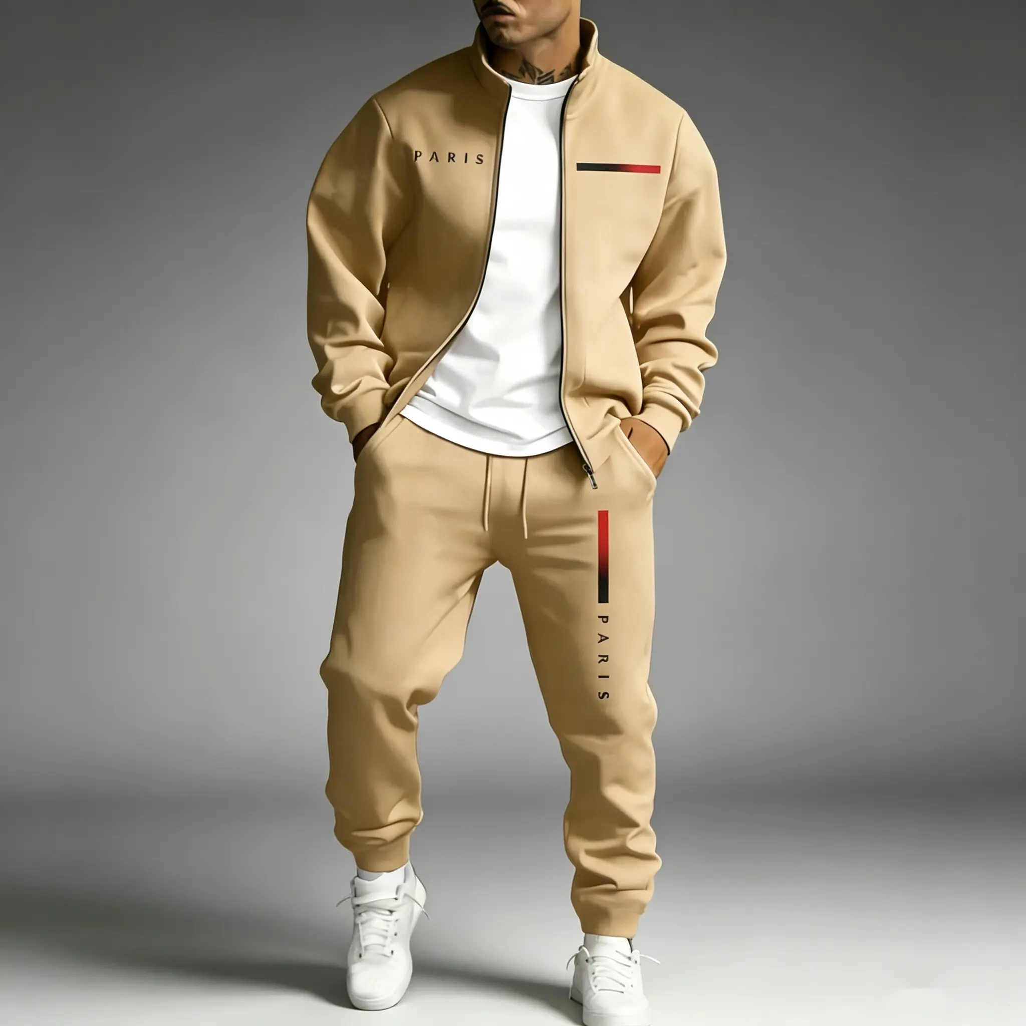 Men's Streetwear Tracksuit 2-Piece Set with PARIS Letter Print, Zip-Up Jacket and Jogger Pants
