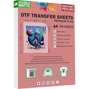 DTF Transfer Film Sheets A4 - (8.3" x 11.7") - Double Matte - Hot & Cold Peel - Compatible with DTF Printers - Heat Transfer Film for  Colors & Durable Prints (+ 100 Sheets)