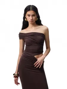 Women's Off Shoulder Ruched Top Crossover Drape – Asymmetric Cutout, Modal Acetate Blend-T28,summerwins