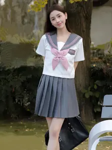 Adorable Japanese Schoolgirl Style Sailor Suit Set, Short Waist Top + High-Waisted A-Line Skirt + Bow Tie, All-Seasons Wear