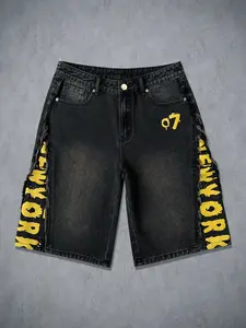 Men's Denim Shorts, Vintage Fashion Brand Print, Summer Youth Casual Outdoor Wide Leg Five-Quarter Pants, Trendy and Comfortable