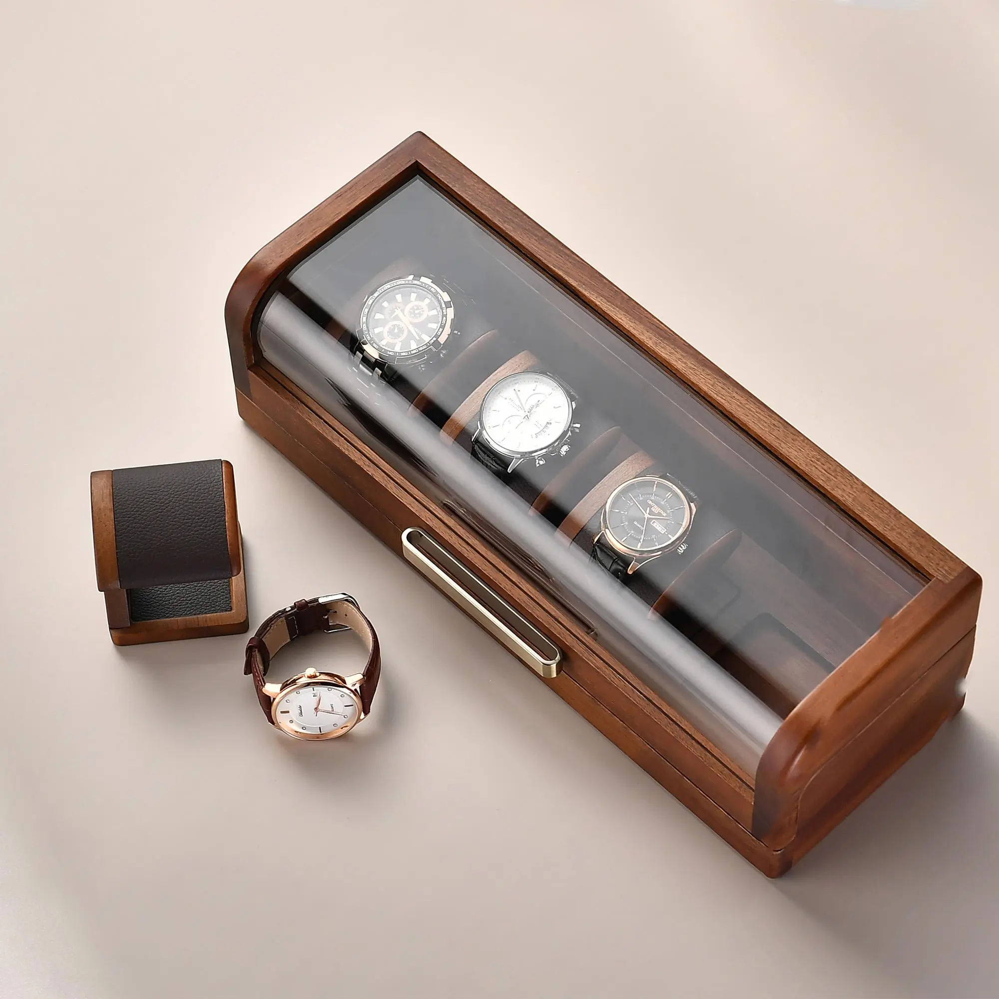Luxury Wooden Watch Box Personalized, Watch Display Case with 4 Individual Watch Holder Stands in a Box, Premium Watch Collector Gift Set Organiser