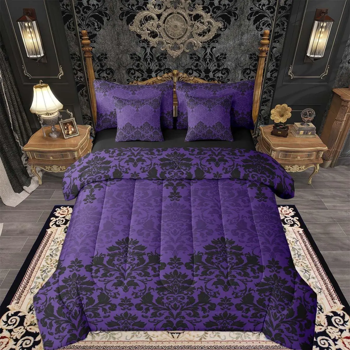 Purple Gothic Damask Comforter Set 7 Pieces Antique Victorian Baroque Bedding Set Kids Gothic Vintage Damask Floral Bed in a Bag with Comforter,Sheets,Pillowcases,Cushion Covers