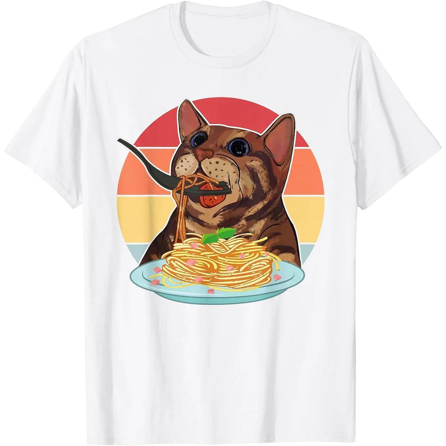 100% Cotton cat Eating Spaghetti Meme Retro Vintage T-Shirt Unisex White Clothing Streetwear