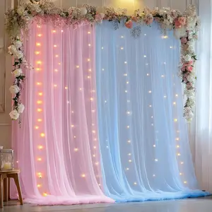 10x10ft Pink Blue Tulle Backdrop with Lights String for Parites, Sheer Backdrop Curtains for Wedding Baby Shower Birthday Photo Shoot Decorations