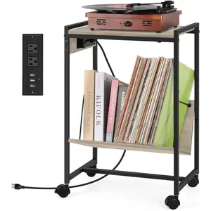 Magazine & Newspaper Holders,Record Player Holder Stand with Vinyl Storage Turntable Stand Table with Record Storage and Charging Station Rustic Vinyl Record Storage Shelf Nightstand, Grey
