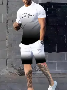 Men's Full Body 3D Color Print Sport Set, Athleisure Wear Set, Short Sleeve T-Shirt & Shorts Combo, Slim Fit Design, All Season Wear