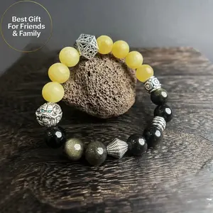 Zeniluck 'Money Comes' Bracelet with Yellow Jade Obsidian & MiaoYin Silver Beads for Men & women Wealth Good Luck Protection Jewelry Christmas New Year Gift Lemon Jade