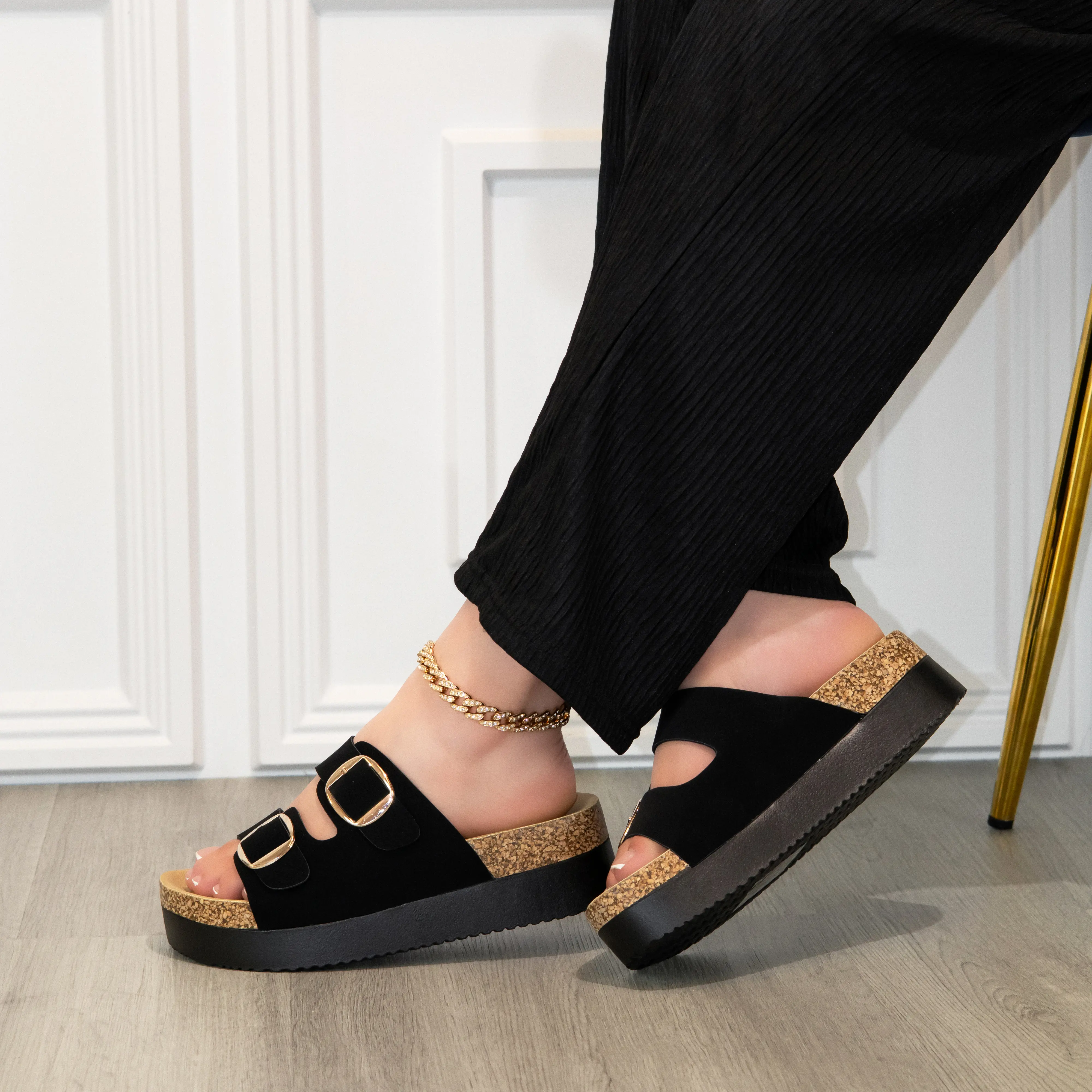 Avril - Slip On Platform Sandals Cork sole, double Buckle for women