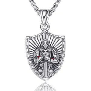 Knights Templar Shield Pendant Necklace S925 Sterling Silver Knights Templar Cross Armor of God Necklace Gift Unisex with 20+2 inch Chain