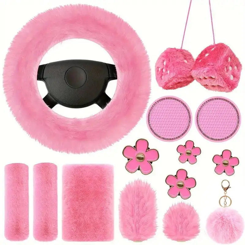 Car Interior Decoration Kit, 14pcs/set Steering Wheel Cover & Gearshift & Handbrake Grips & Console Mat & Seat Pads & Coasters & Fuzzy Dice & Keychain