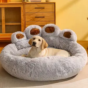 Cute Round Calming Dog Bed of Paw Shape, Pet Large Plush Dog Donut Bed for Medium Large Breed Dog, Soft, Comfy and Cozy Doggie Bed with Bolster