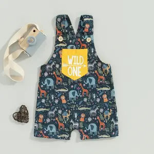 Kids Toddler Baby Boys and Girls Wild One Overalls Shorts Square Neck Sleeveless Button Down Giraffe Print Animal Romper First Birthday Overalls Jumpsuit