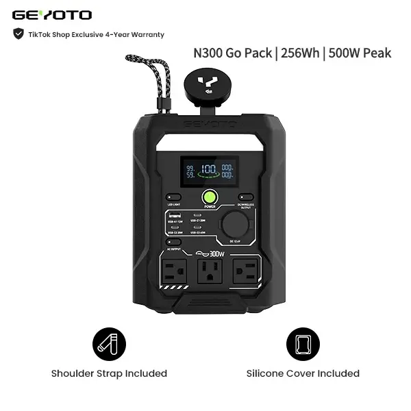 【GEYOTO N300 Go Pack Power Station】256Wh LiFePO4, 300W Output (500W Peak),25W Wireless Charging, <10ms UPS Solar Generator for Camping Travel