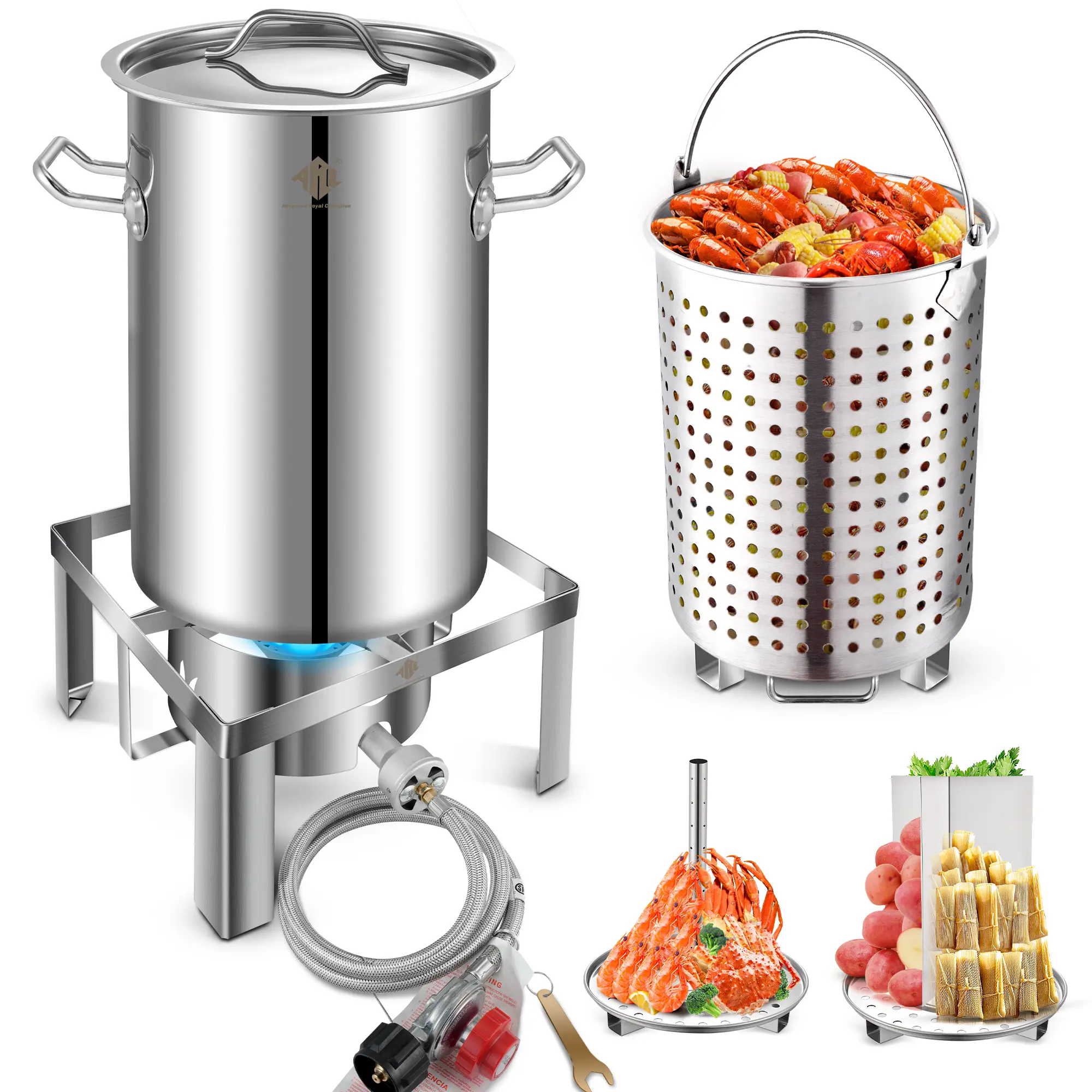 ARC 32QT Stainless Steel Stock pot with 55,000BTU Propane Burner, 6-Piece For Seafood Boil Pot with Basket and Steamer Rack,Cookware for Crawfish Crab Shrimp Lobster Boiling Pot, Turkey Fryer Pot