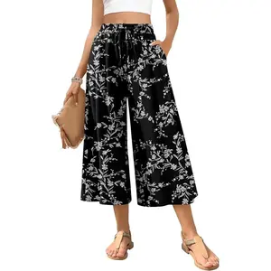 Women’s Capri Pants Wide Leg High Waist Palazzo Lounge Pants Drawstring Casual Trousers with Pockets