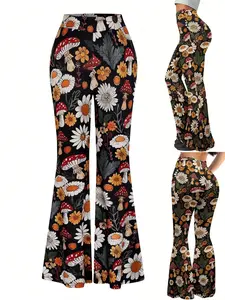 Fashionable Plus Size Women's American Style Flared Fitted Floral Long Pants, Home Wear, Outerwear, Comfortable and Stylish, Perfect for Casual, Everyday