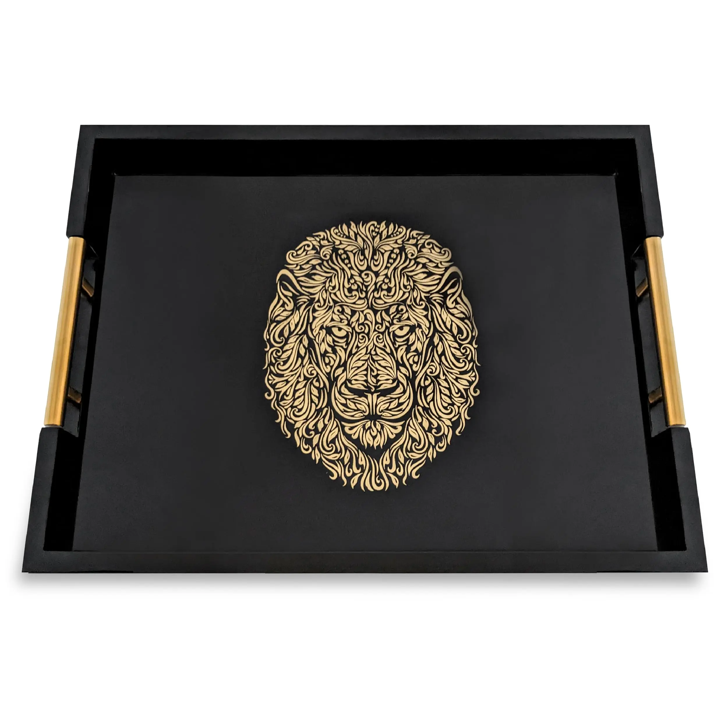 DEATH DECOR Modern Serving Tray with Lion Design Ottoman Tray Tea and Coffee Table Platter Jewelry Bathroom Organizer Gift Gloss Finish Metal Stylish Tableware Coasters Lightweight Wood