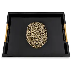 DEATH DECOR Modern Serving Tray with Lion Design Ottoman Tray Tea and Coffee Table Platter Jewelry Bathroom Organizer Gift Gloss Finish Metal Stylish Tableware Coasters Lightweight Wood