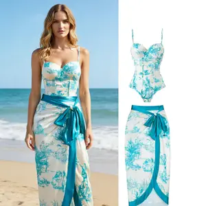 Women Two Piece Beach Suit Sun Protection Retro Elegant Printed Vacation Swimsuit one