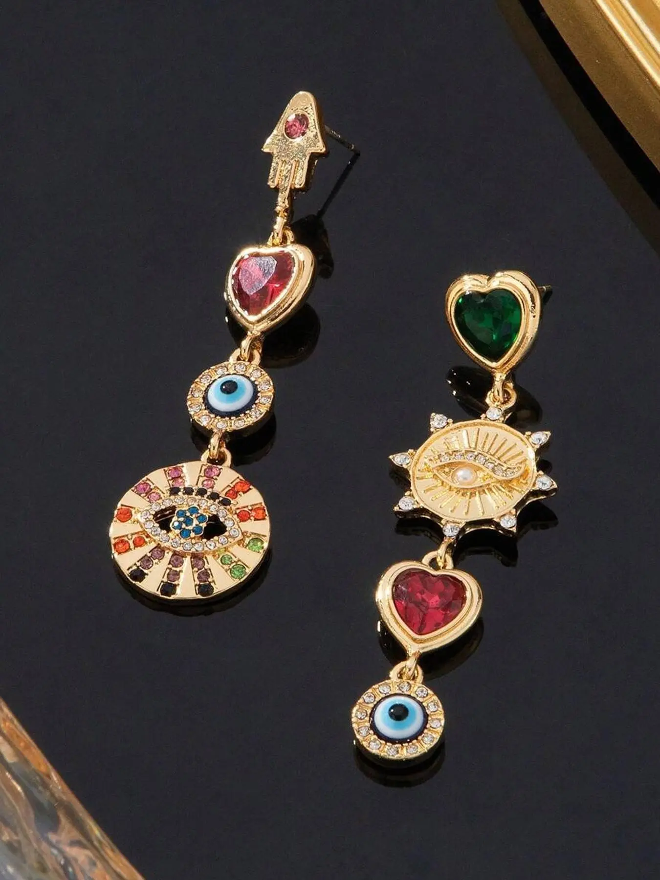 Vintage Gothic Devil Eye Motif Heart Rhinestone Earrings, Long Drop Design Party Jewelry for Women, Unique Design Statement Ear Cuffs, Gothic Accessories, Party Ready, Heart Shape Accent, Gothic Fashion, Witchy Jewelry