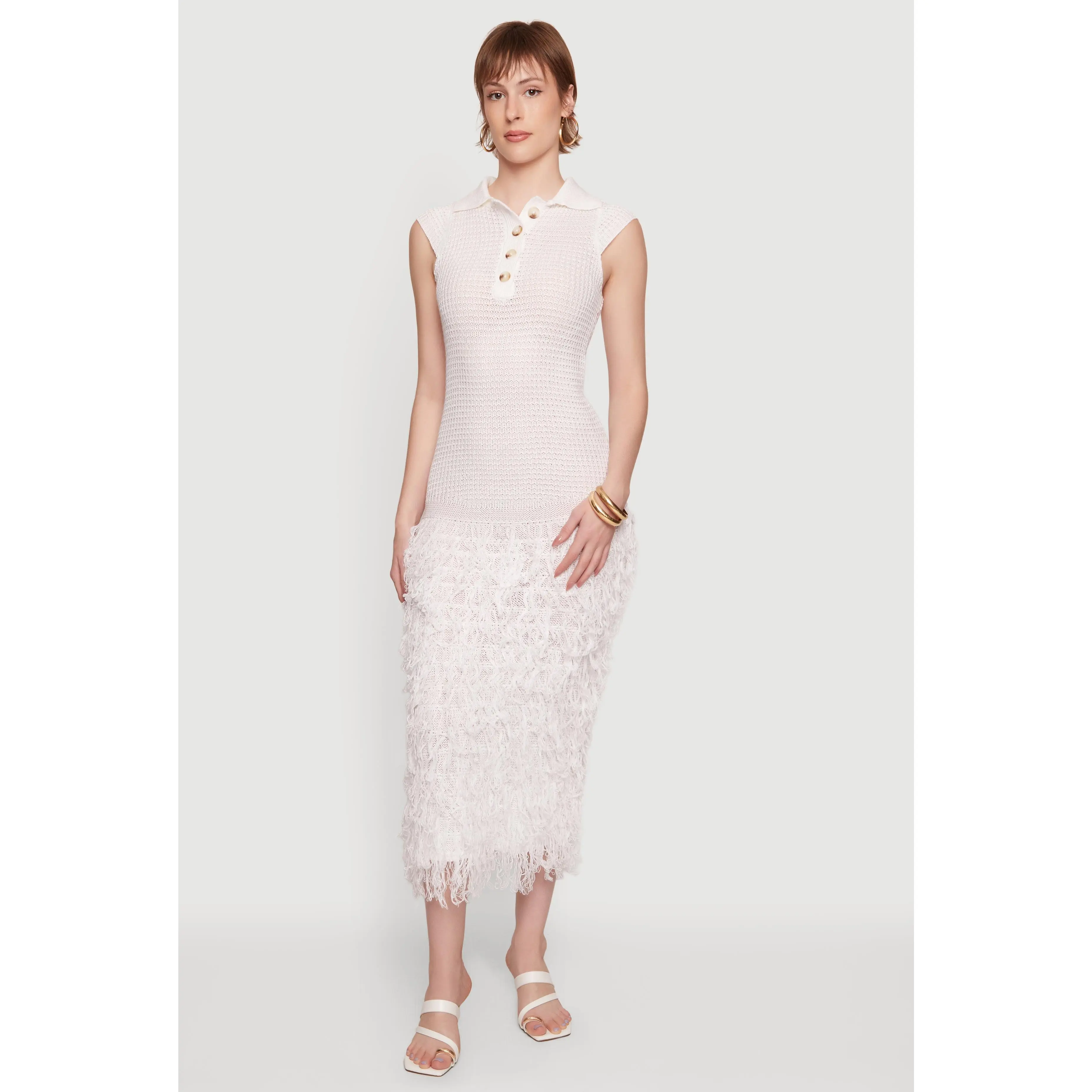 Crochet Button Front Collared Fringe Hem Dress