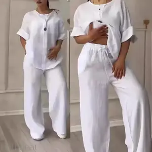Women's Loose-Fit Top Wide-Leg Casual Cotton Linen Set - Women's Wide-Leg Pants Casual Two-Piece Set
