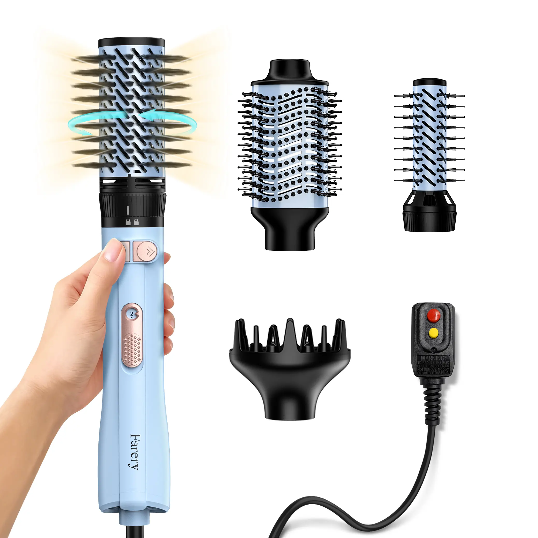 Farery Rotating Hot Air Brush Set 1000W — 4 in 1 Blow Dryer Brush Styler with Diffuser, Hold-to-Rotate Round Brush for Volume, Smooth & Curl