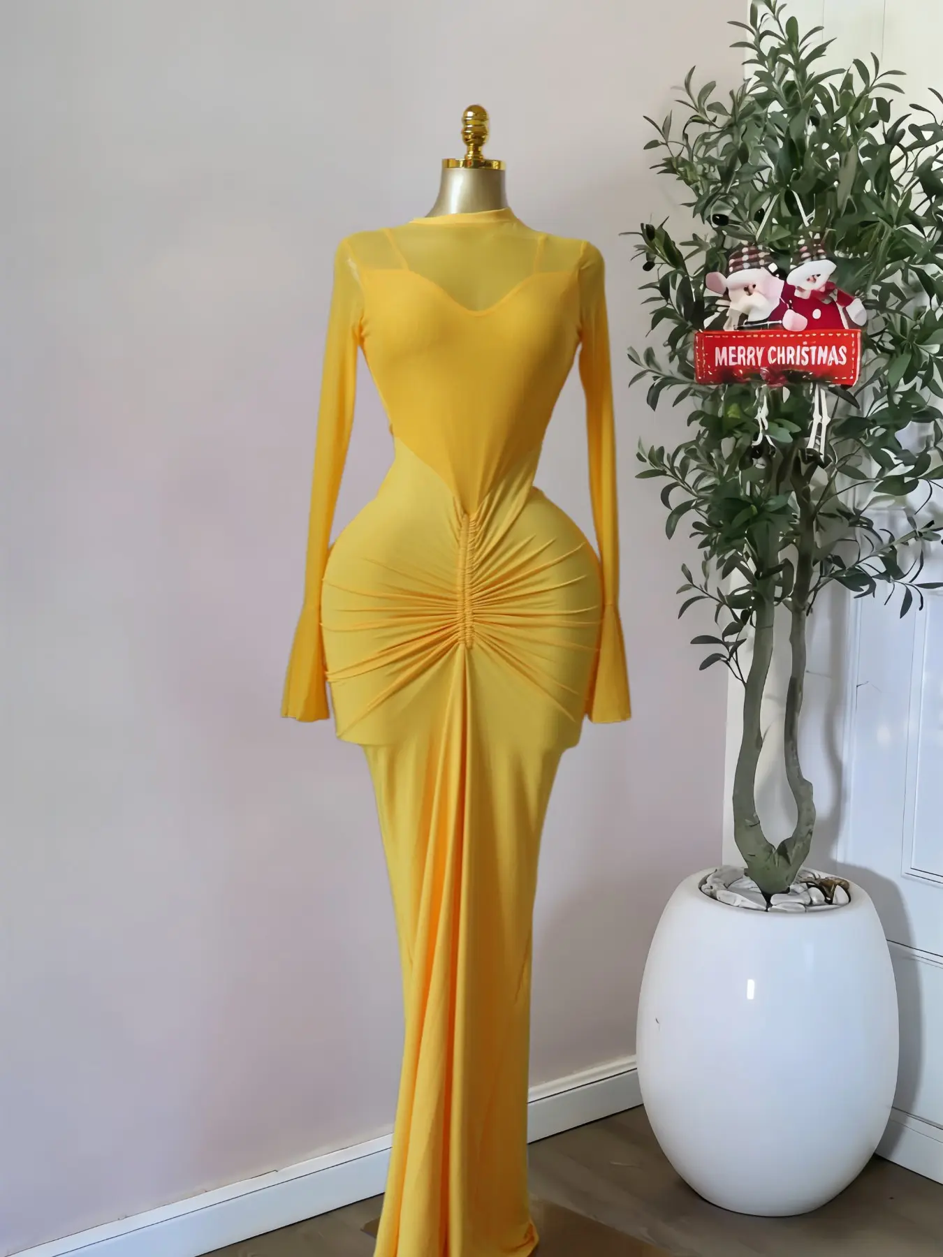PULKRITU Elegant Chic Women Mermaid Maxi Prom Dress, Long Sleeve O-Neck Ruffle Design, Streetwear Mesh Sexy Cocktail Evening Party Outfit Gown, Female Graduation Season Dress, Fashion Lady Skirt, Evening glam gown