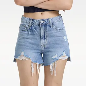 Riley Vogatiques Non-Stretch Mid High Rise Frayed Raw Hem Ripped Jean Shorts Rigid Denim Summer Womenswear Rolled Hem Denim Shorts Distressed Beach Casual