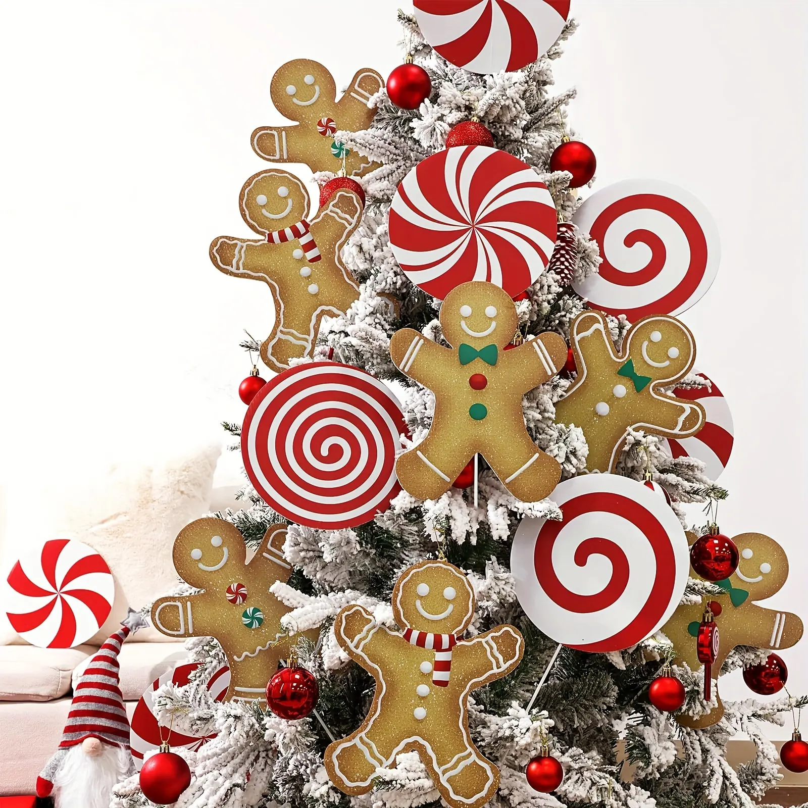 Large Gingerbread Man Christmas Tree Decorations Set, and Mint Candy Ornaments, Rustic Plastic Decoration for Home School Office