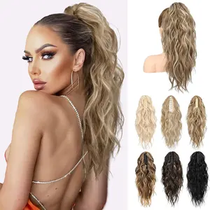 Ponytail Extension, 18" Wavy Claw Clip Ponytail Extensions Shoulder Length Curly Wavy Claw Clip in Pony tail Hair Extensions Pony tails Hairpieces-Dark Blonde with Blonde Highlights