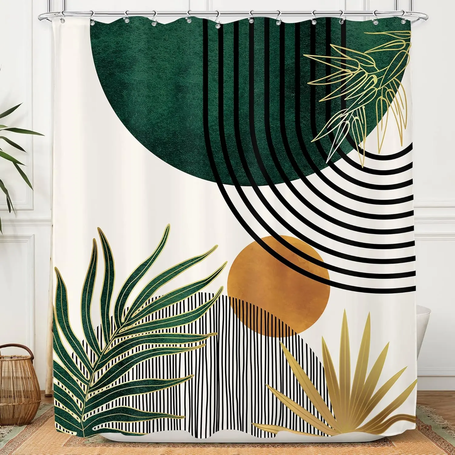 Green Gold Bohemian-Style Shower Curtain with Abstract Modern Plant Leaf Arched Sun Pattern, Waterproof Polyester Fabric, 12-24 Piece Set Package with Hooks for Bathrooms (1-Piece Curtain Included)