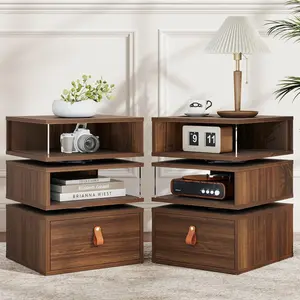 360° Rotatable Walnut Nightstand with Drawer - Mid Century Modern Nightstand with Open Storage Shelves, End Table with Glass Panels for Living Room, Bedroom