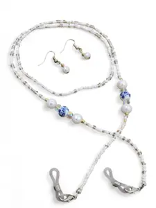 Vintage Blue Porcelain and Mini Glass Seed Beads Eyeglass Holder and matching Earrings Set. Woman Sunglasses & Reading Glasses Holder. Eyeglasses chain. Handmade unique delicate gift for her in gift box with jute twine. 72cm long. High quality boho beads