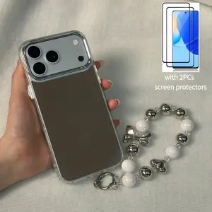 Mirror Phone Case with 2PCs Tempered Glass Screen Protectors and Cute Charm for iPhone 17/16/15/14/13/12/11 Pro Max Plus, for Women Girls Makeup, TPU Frame Acrylic Mirror Back, Shockproof Hard Case with Clear Soft Silicone Bumper